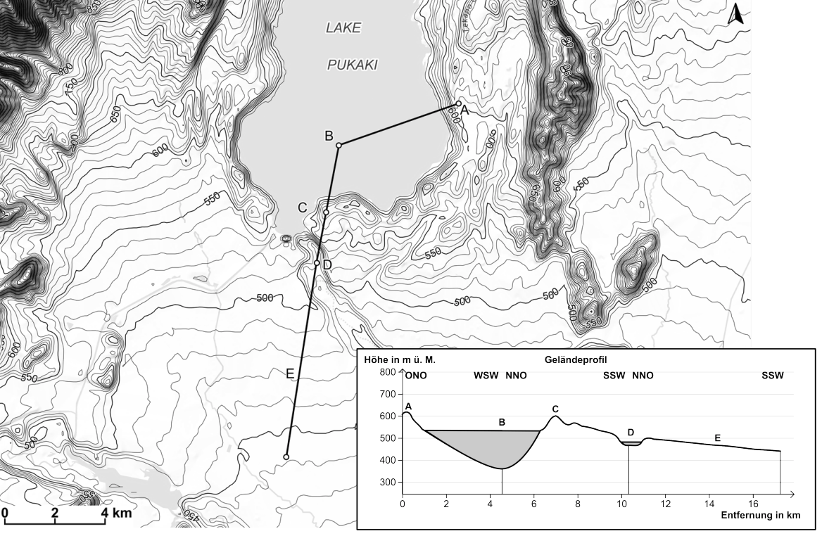 Topografische Karte mit Höhenlinien und eingezeichnetem Geländeprofil am Lake Pukaki.